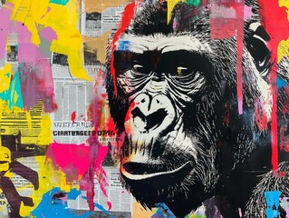 Obraz premium An abstract pop art canvas featuring a gorilla amid a chaotic backdrop of graffiti tags and splattered paint. AI generated
