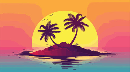 Colorful silhouette of island with two palms and mi