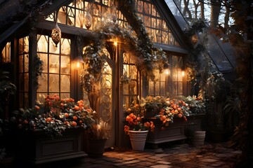 Beautiful view of a greenhouse decorated with flowers. Panoramic image.