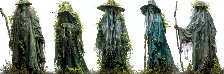Fototapeta premium A series of five mystical figures dressed in elaborate costumes resembling forest spirits, each adorned with foliage and standing in a misty environment.