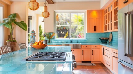 Sky blue subway tile backsplash with peach cabinets and sky blue countertops.