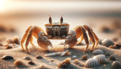Macro lens image of a wind crab on a sandy beach, detailed in texture and surrounded by subtle elements like shells and sand grains.