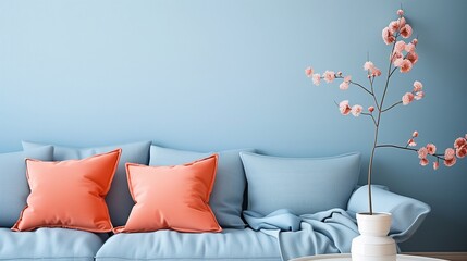Sky blue walls with peach accent wall and peach throw pillows on a sky blue sofa.