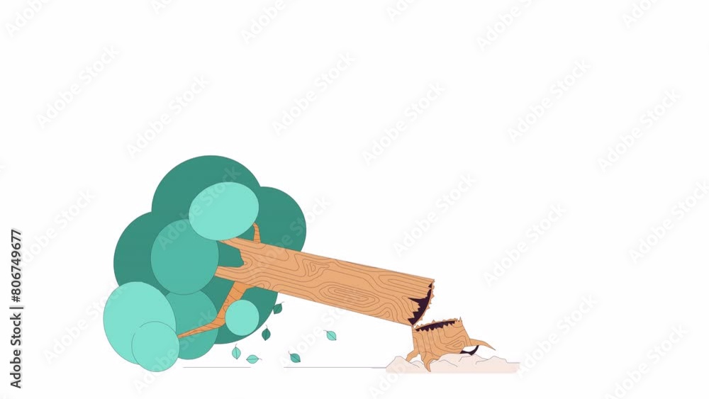 Poster old tree falling down line 2d object animation. broken trunk. dangerous accident with plant flat col