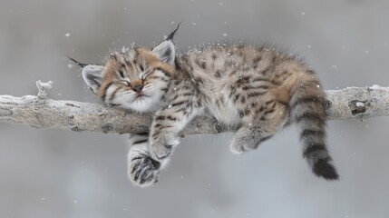   A tiny kitten atop a tree branch, snowflakes adorning its head and paws