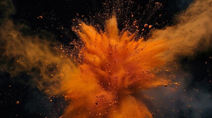 Orange Farbexplosion vor dunklem Hintergrund, rauchender Knall, Explosion aus orangem Pulver	
