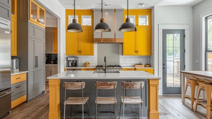 Slate gray kitchen island with mustard yellow cabinets and mustard yellow pendant lights.