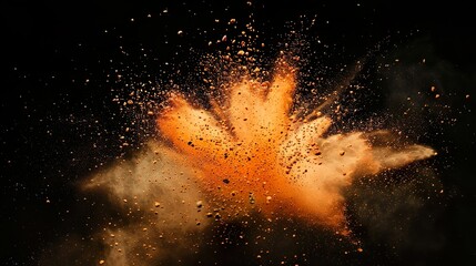 Fototapeta na wymiar Orange Farbexplosion vor dunklem Hintergrund, rauchender Knall, Explosion aus orangem Pulver 