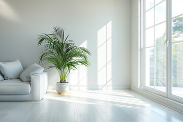 White contemporary room with ornamental plants in pots and abstract window shadows