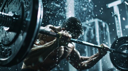 A man sweating profusely as he lifts a heavy barbell at the gym, muscles straining with effort.