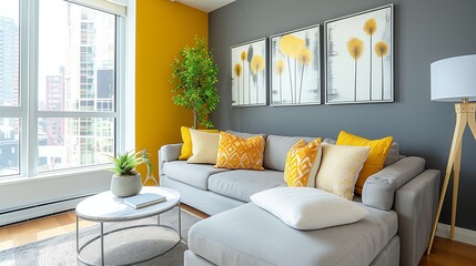 Slate gray walls with mustard yellow accent wall and mustard yellow throw pillows on a slate gray sofa.