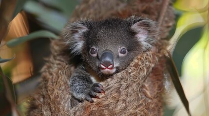 Fototapeta premium A tight shot of a koala on a tree limb, surrounded by foreground leaves, and a softly blurred background