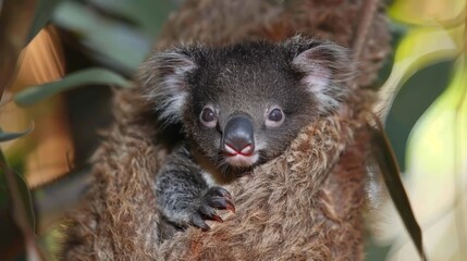   A tight shot of a koala on a tree limb, surrounded by foreground leaves, and a softly blurred background
