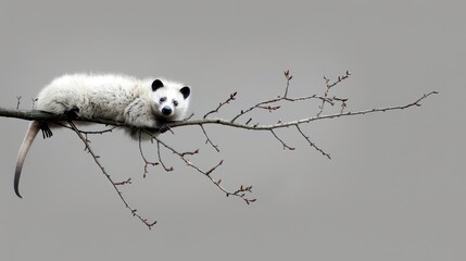   A white-black animal perches on a tree branch, branch extended before it; gray sky behind