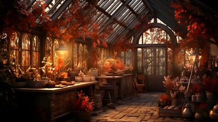 Autumn garden panorama with lanterns and plants in a greenhouse
