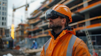 A civil engineer utilizing augmented reality glasses to assess environmental impact and sustainability practices during construction.