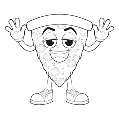Cartoon pizza character. Outline of pizza with cheese. Happy pizzeria mascot character. Vector coloring page.