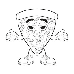 Cartoon pizza character. Outline of pizza with cheese. Happy pizzeria mascot character. Vector coloring page.