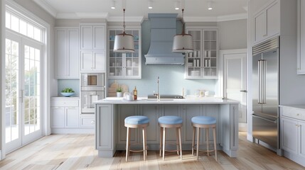 Soft gray kitchen cabinets with pale blue subway tile backsplash and pale blue bar stools.
