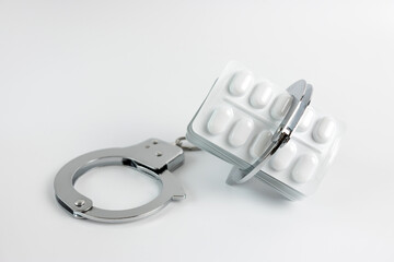 Handcuffs and pill packaging. The concept of drug addiction. Dependence.