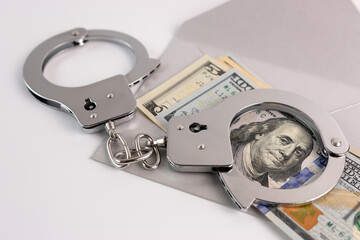 Handcuffs, dollars and an envelope. The concept of financial dependence.