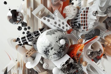 detailed abstract 3D composition with various objects of  different sizes, textures and shapes