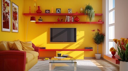 Yellow accent wall with red floating shelves and red accent decor.