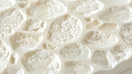   A tight shot of a food tray displaying intricate hexagonal patterns, atop hexagonal-textured tiles