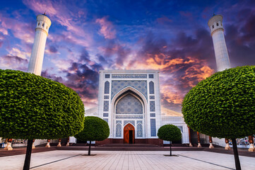new modern Islamic Masjid Minor Mosque in Tashkent in Uzbekistan with two high minarets at sunset