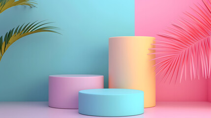 Abstract geometric 3D Rendering circle cylinder podium background with natural leaves. Minimalism pastel colored still life style. Suitable for e-commerce and black friday.