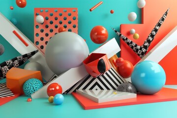 abstract trendy design background with various shapes and objects, different colors and textures