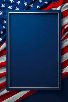 A blue background with an american flag and a blank frame.