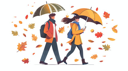 Couple walking with autumn suit and umbrella character