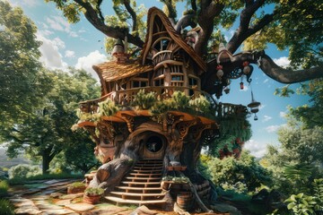 wide angle view of a wonderful elven house made on a huge living 1000-years old oak tree