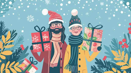 Couple with gifts presents christmas celebration vector