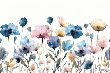 trendy watercolor style herbal illustration with wild plants and flowers isolated on white