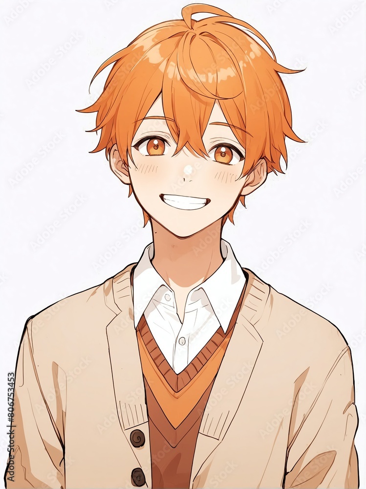 Poster portrait of happy orange hair smiling school boy on plain white background anime cartoon style from Generative AI