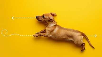   A brown dog lying on its back on a yellow background Arrow indicates dog's head