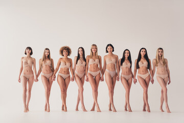 No filter photo of stunning gorgeous ladies hold hands make feminists unity share body positive...