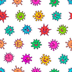 Viruses kawaii. Seamless pattern. Cute cartoon characters of bacterial infection and microbe. Hand drawn style. Vector drawing. Design ornaments.