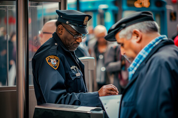 Security personnel checking passenger ID at a transit station entry point.