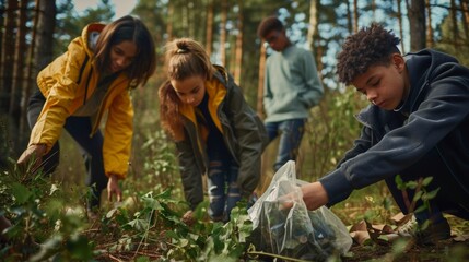 Teenage friends united in environmental action, clearing litter from a forest, fostering eco-consciousness and camaraderie.