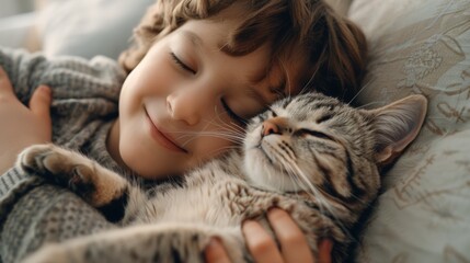 Delighted child giving their furry friend a big hug while the family relaxes together in the living room.