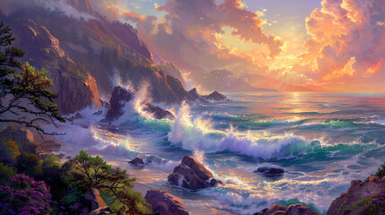 A picturesque coastal view with rugged cliffs overlooking the ocean, crashing waves against the rocky shore, and a colorful sunset painting the sky with shades of orange, pink, and purple. - Powered by Adobe