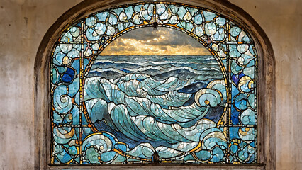 Beautiful stained glass ocean window