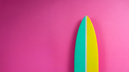 singular colorful surfboard against pink background