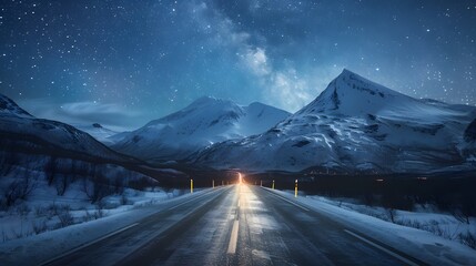 A long road leading to the distance, snow-covered mountains under a starry sky