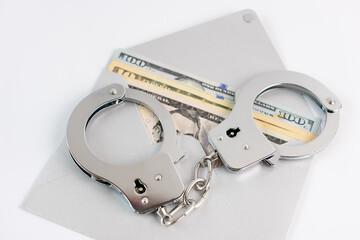 Handcuffs, dollars and an envelope. The concept of financial dependence.
