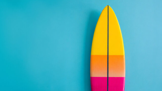 singular colorful surfboard against blue background