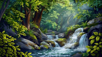 Spring Background With A Stream Of Water Flowing Through The Forest, Capturing The Essence Of Renewal And Growth, Cartoon Background